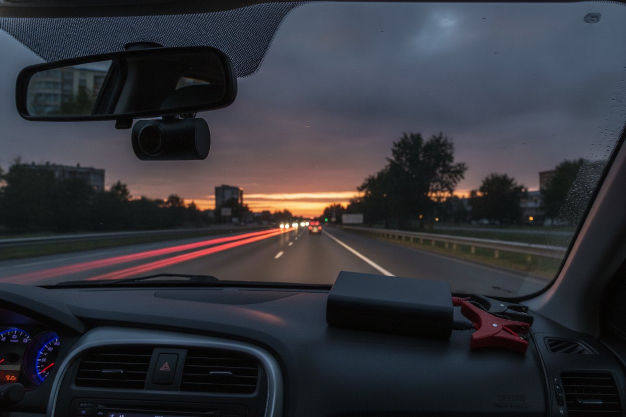 Dashcam dipasang pada cermin depan kereta dan jump starter mudah alih