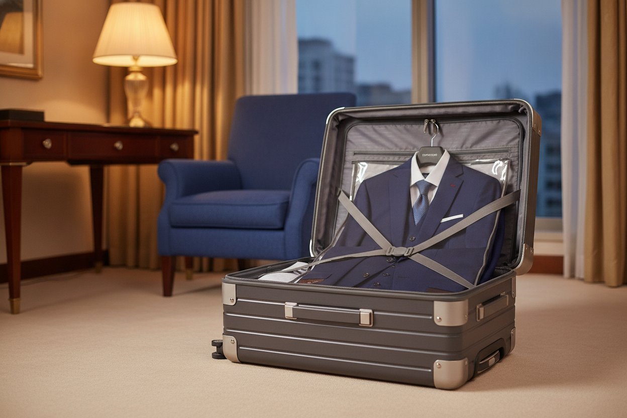 Beg pakaian premium hardcase dan suit carrier mewah di bilik hotel