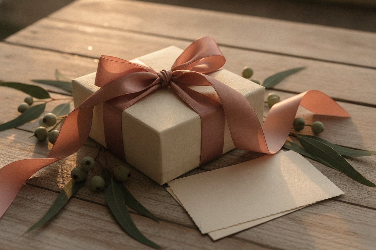 Kotak hadiah dibalut kemas dengan riben satin untuk perempuan