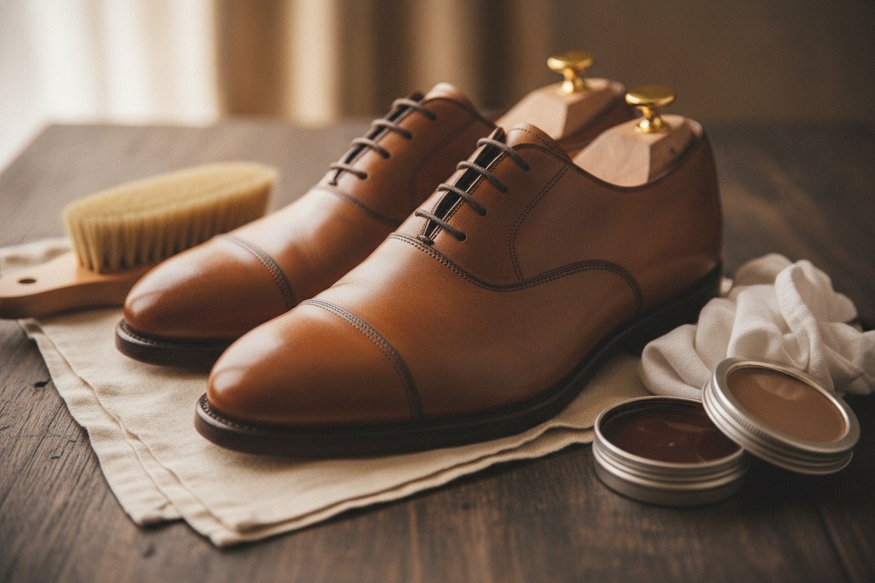 Set penjagaan kasut kulit lelaki dengan berus dan shoe tree kayu