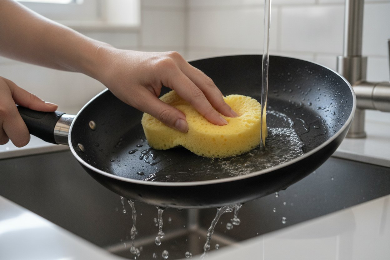 Membersihkan kuali non-stick dengan span lembut untuk memanjangkan hayat salutan