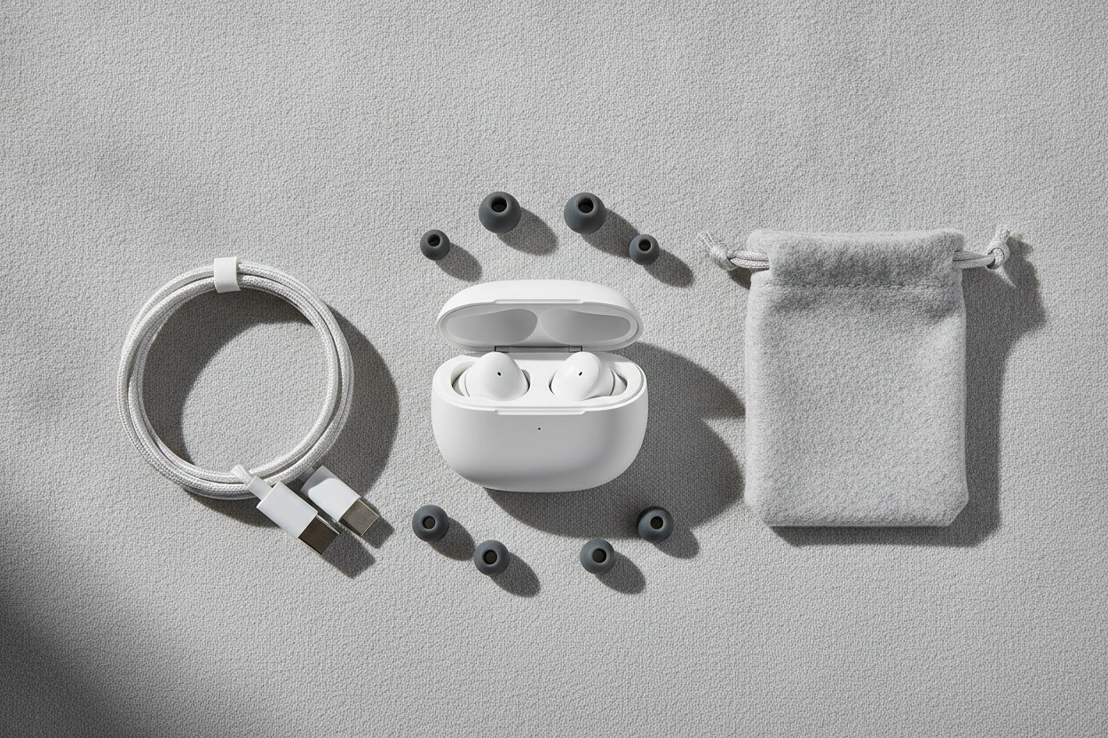 Earbud dengan pelbagai saiz ear tip dan kabel USB-C untuk panduan memilih