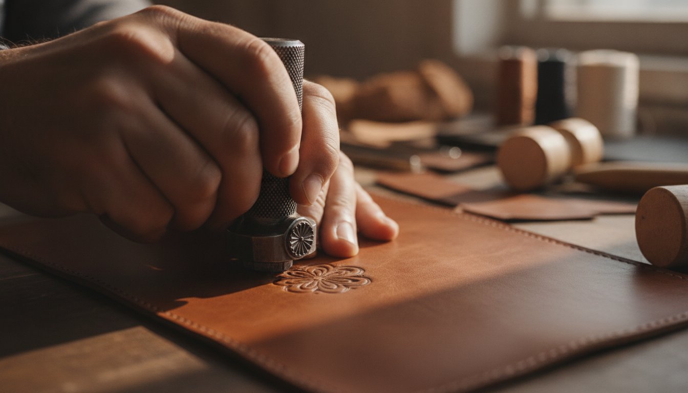 Proses mengukir personalized pada dompet kulit lelaki