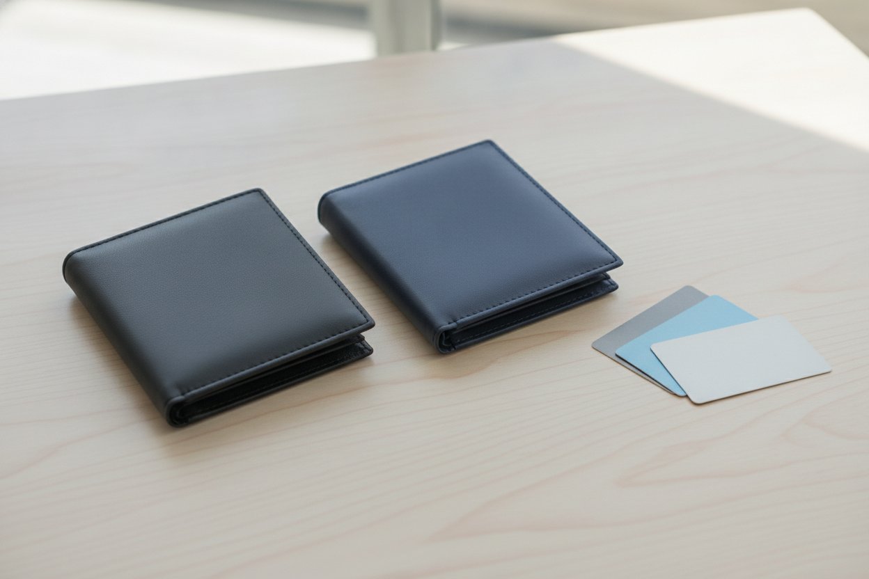 Dompet lelaki nipis bajet bawah RM100 dengan kad di atas meja kayu