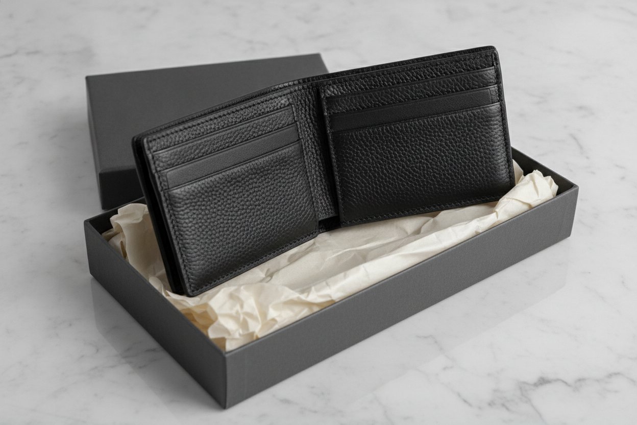 Dompet lelaki kulit saffiano hitam dalam kotak hadiah di atas marmar