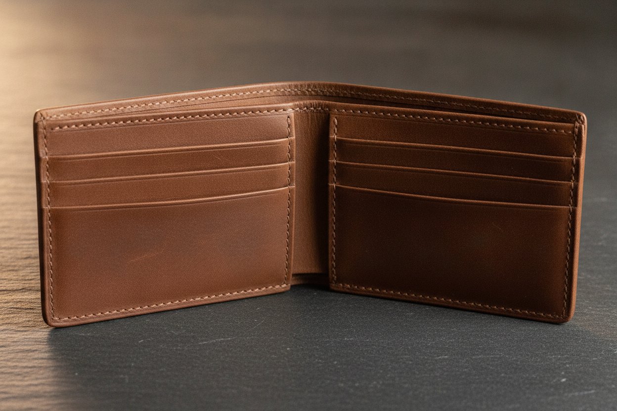 Dompet lelaki kulit coklat terbuka menunjukkan slot kad dan jahitan kemas