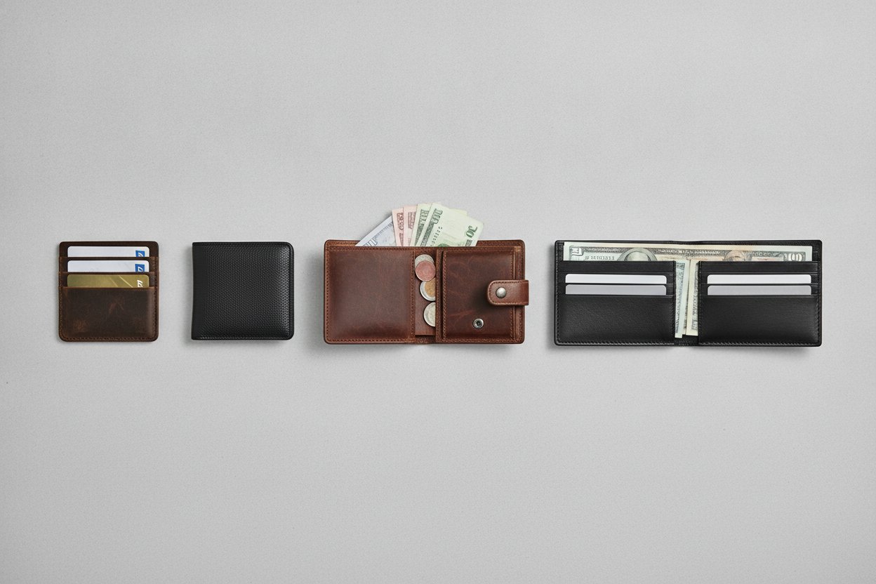 Perbandingan empat saiz dompet lelaki dari card holder hingga dompet panjang