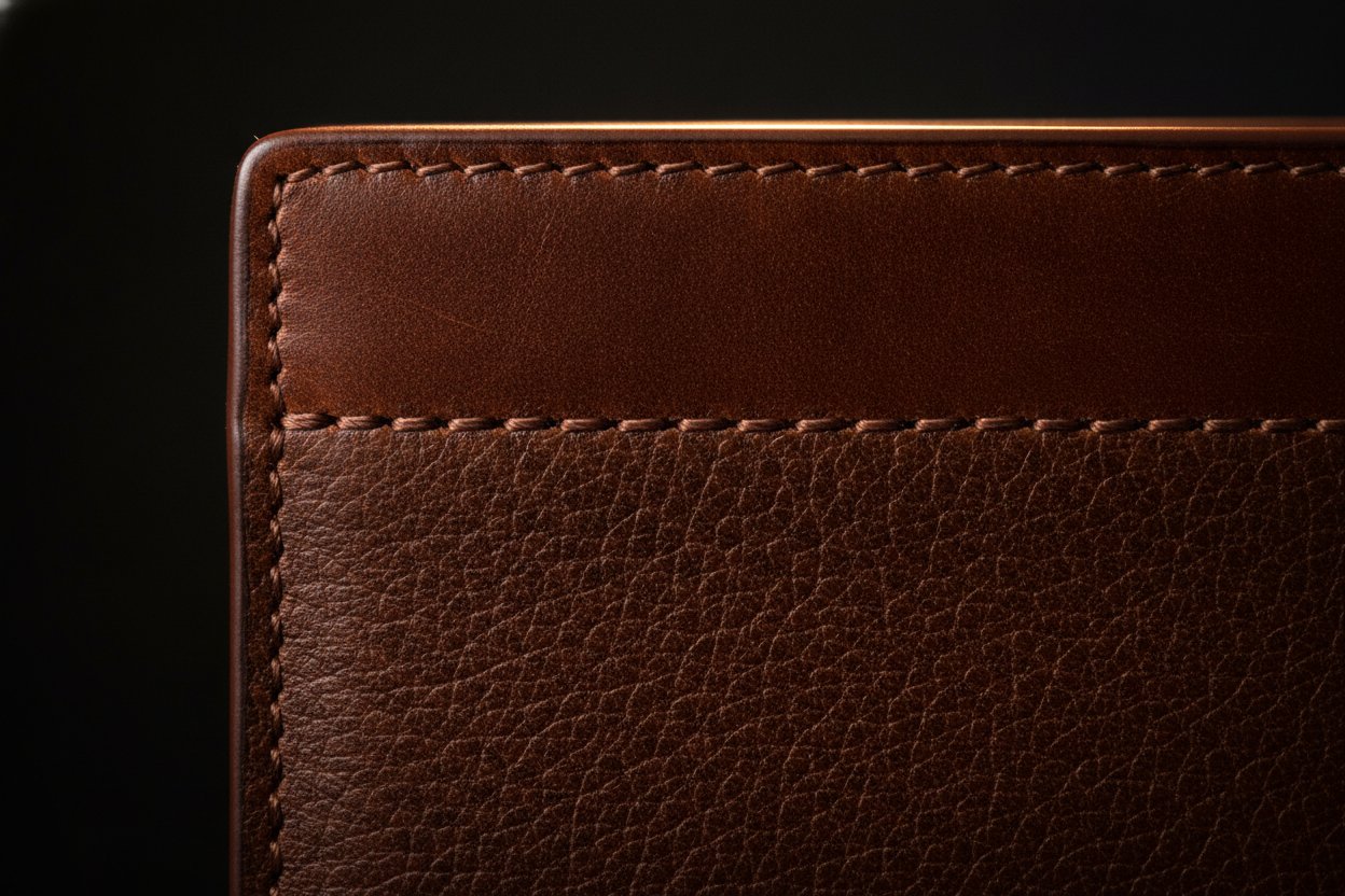 Detail bucu dicat tangan dan jahitan halus pada dompet lelaki kulit premium