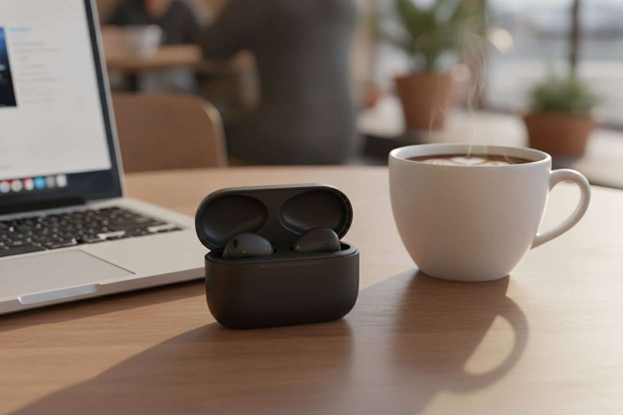 Earbud wayarles tier RM100 hingga RM250 di atas meja kafe