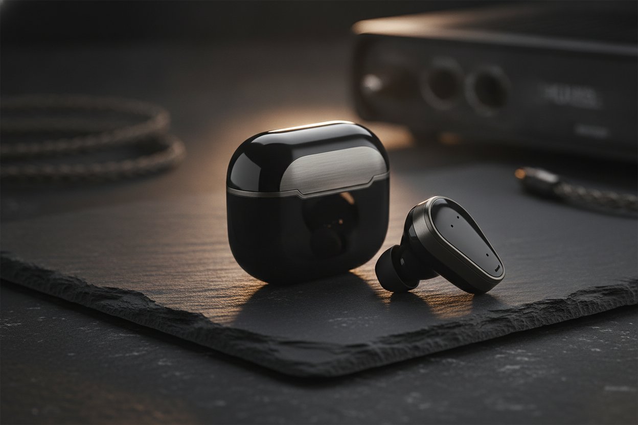 Earbud wayarles premium tier RM250 hingga RM450 di atas permukaan gelap