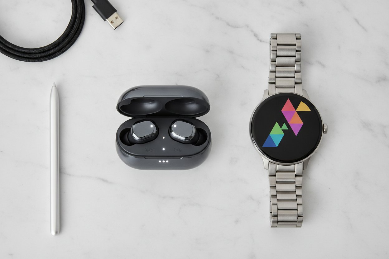 Earbud dan jam pintar premium di atas permukaan marmar