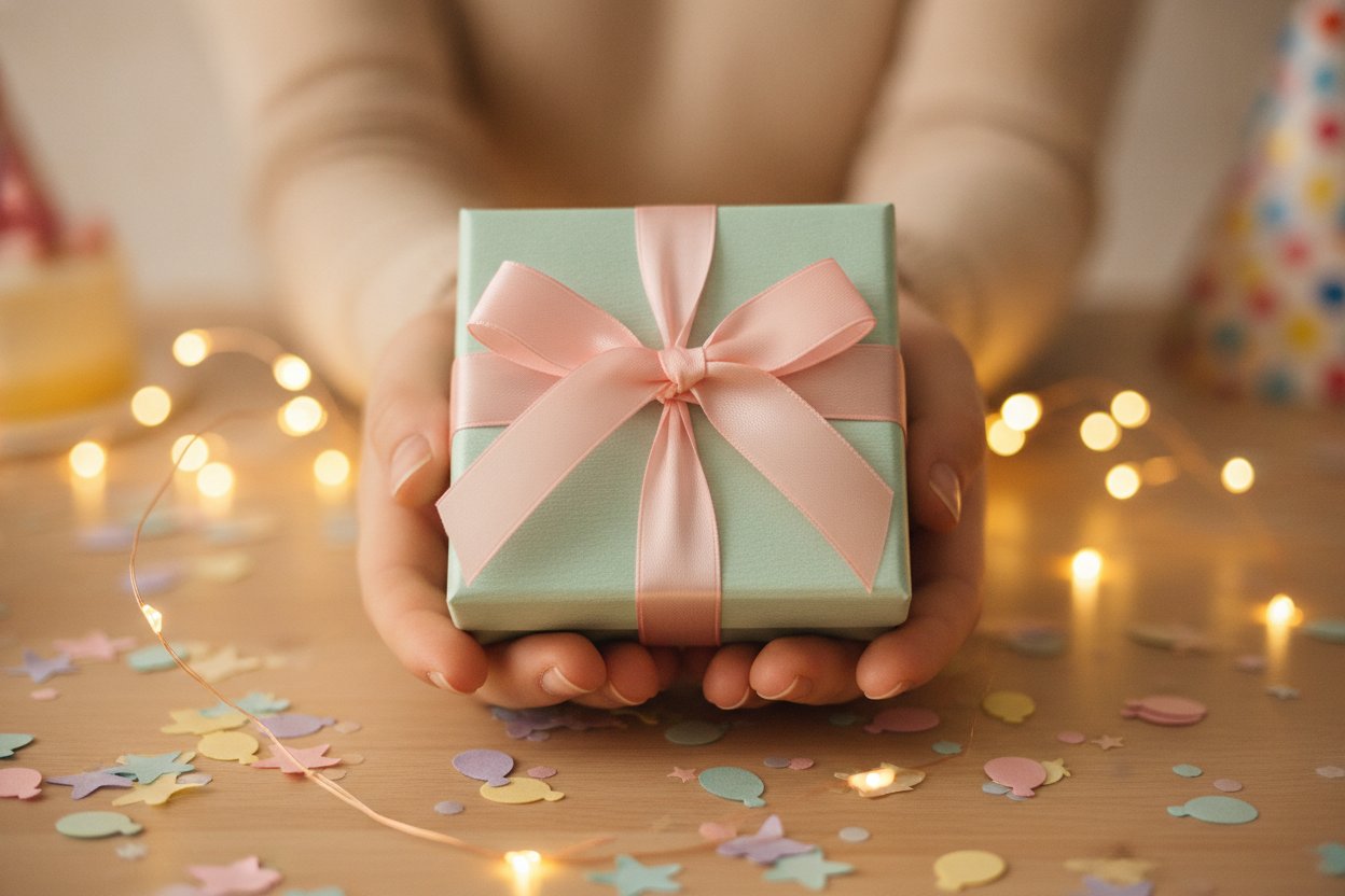 Gift box birthday untuk best friend perempuan dengan riben dan confetti