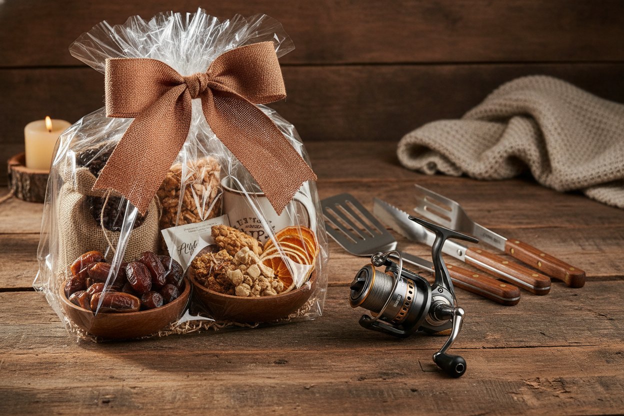 Hamper dan hadiah pengalaman untuk Hari Bapa di atas meja kayu