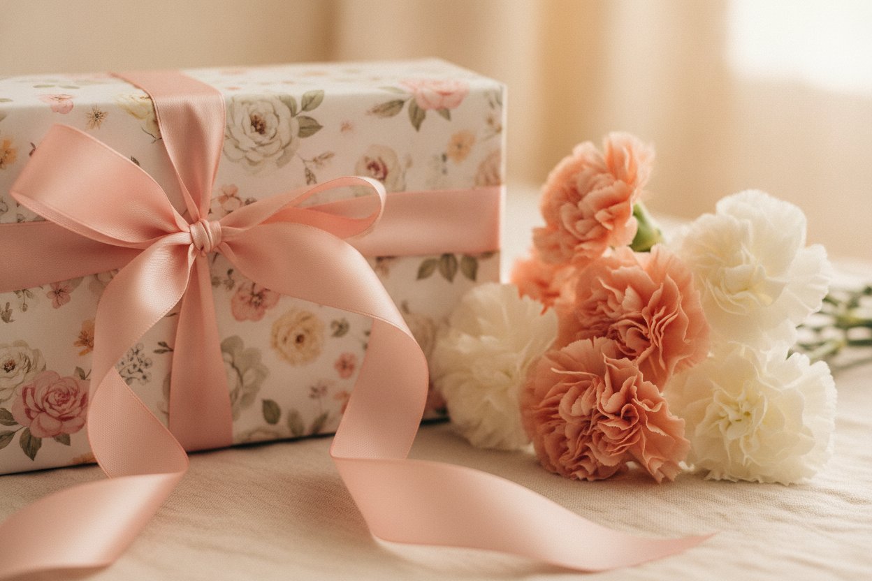 Kotak hadiah Hari Ibu dibungkus cantik dengan riben dan bunga