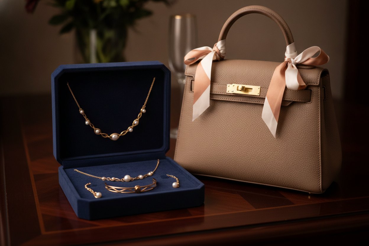 Hadiah Hari Ibu premium set barang kemas emas dan beg tangan