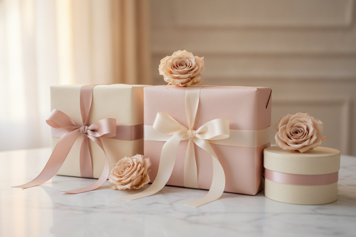 Kotak hadiah dibungkus cantik dengan riben satin untuk isteri