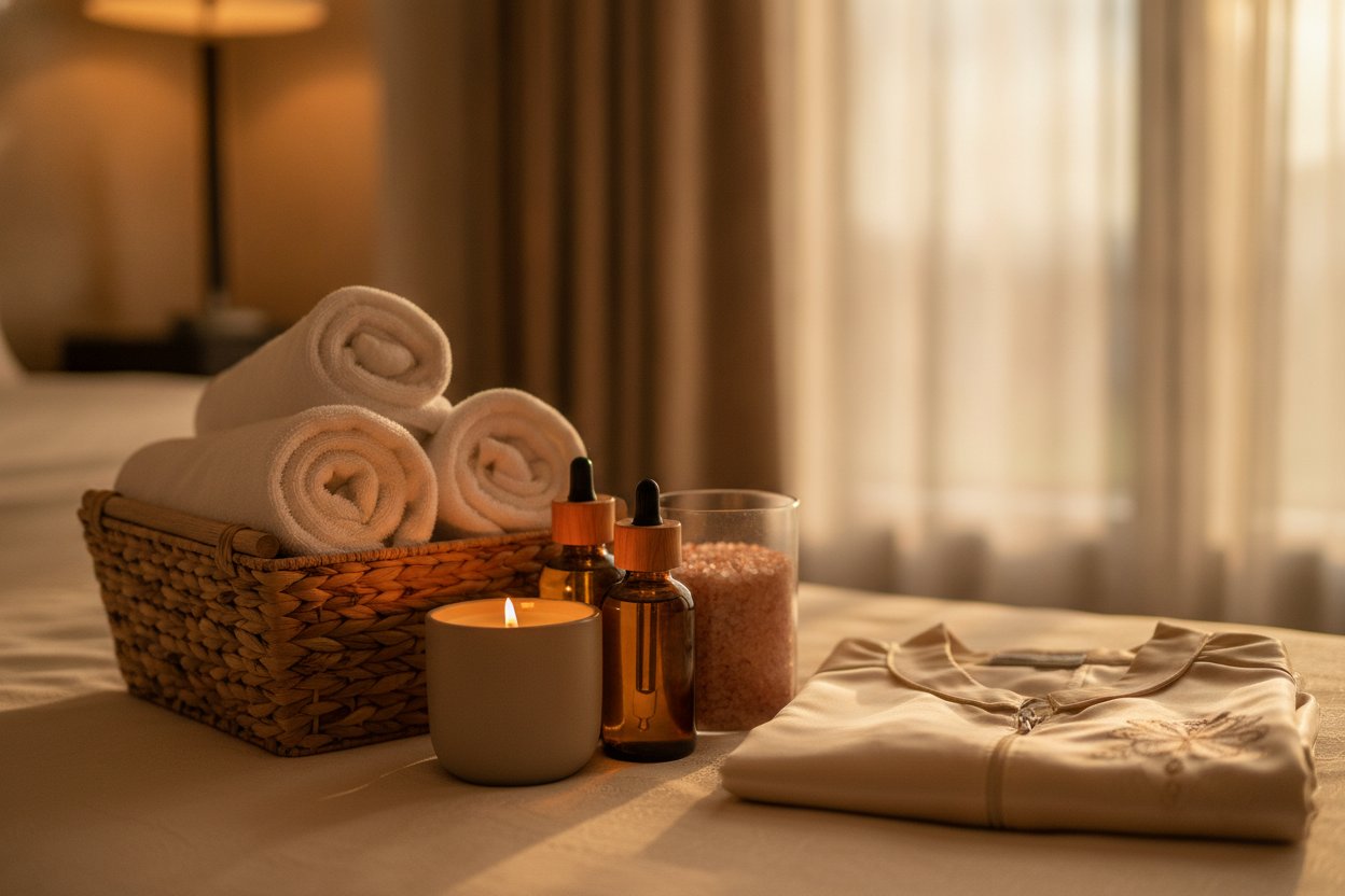 Set hamper spa mewah untuk isteri dengan tuala dan minyak urut
