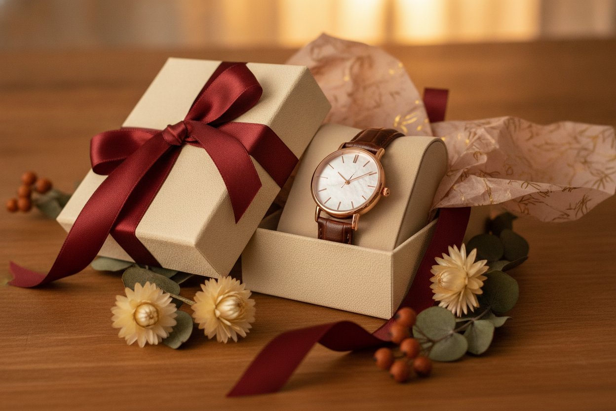 Jam tangan wanita dalam kotak hadiah dengan riben satin