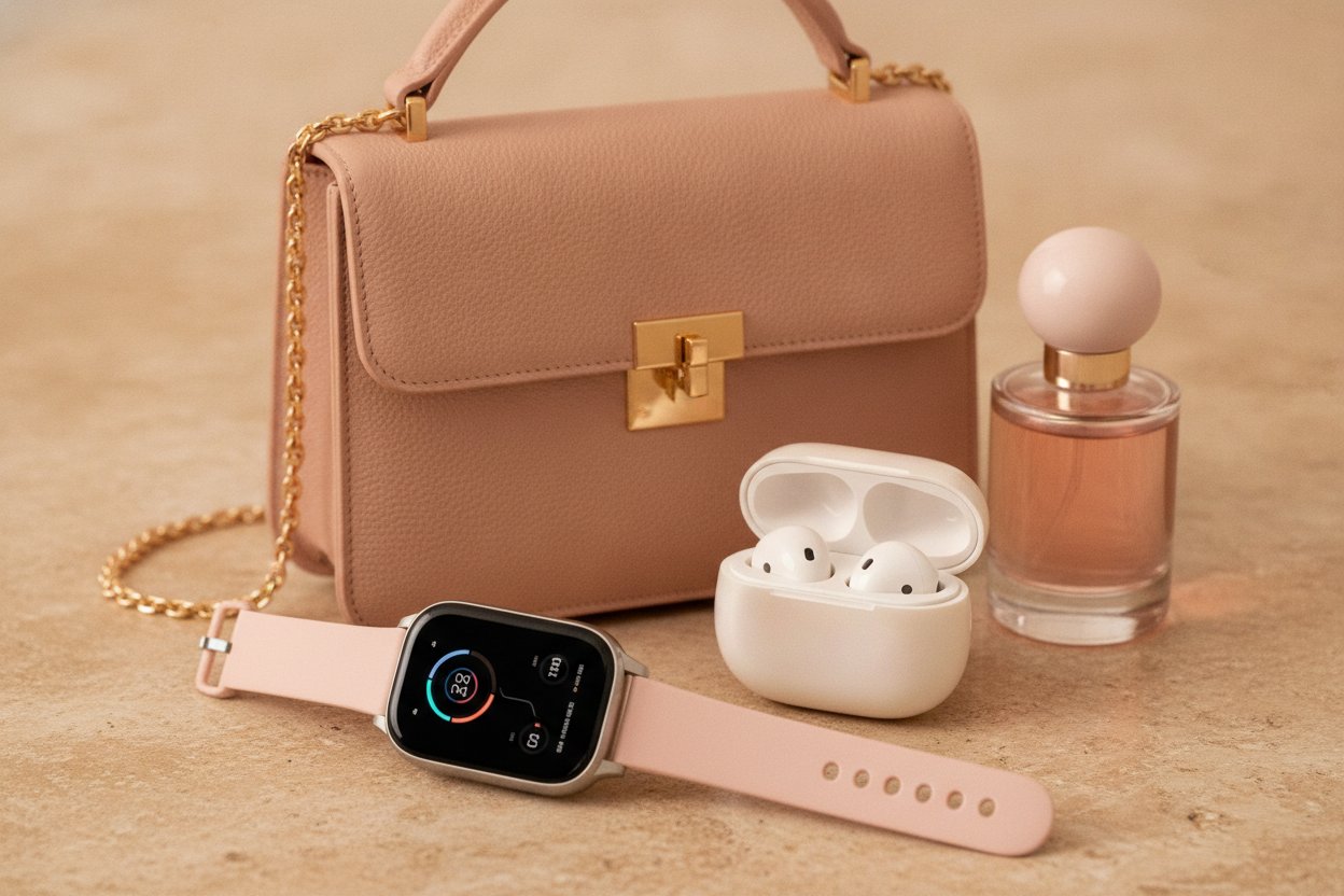Hadiah premium untuk perempuan seperti smartwatch earbud dan beg tangan