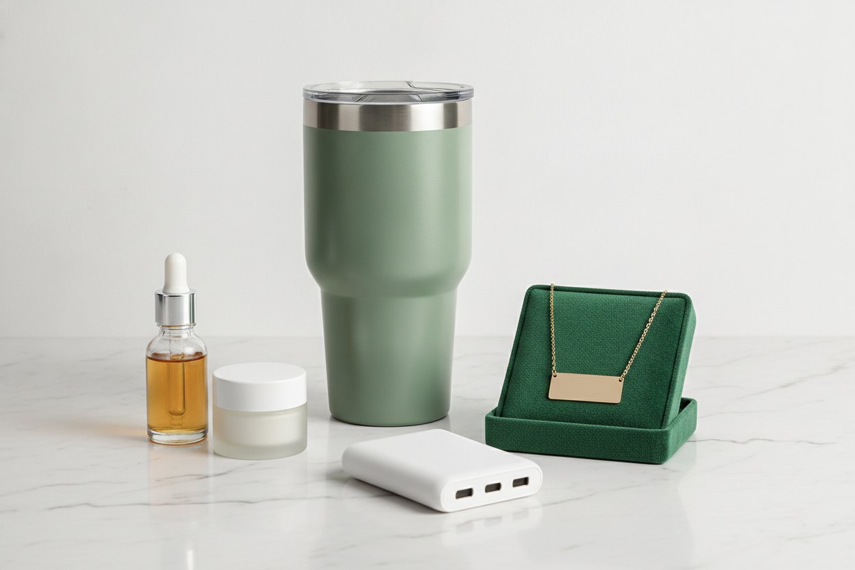 Hadiah perempuan RM50 hingga RM150 seperti tumbler skincare dan kalung nama