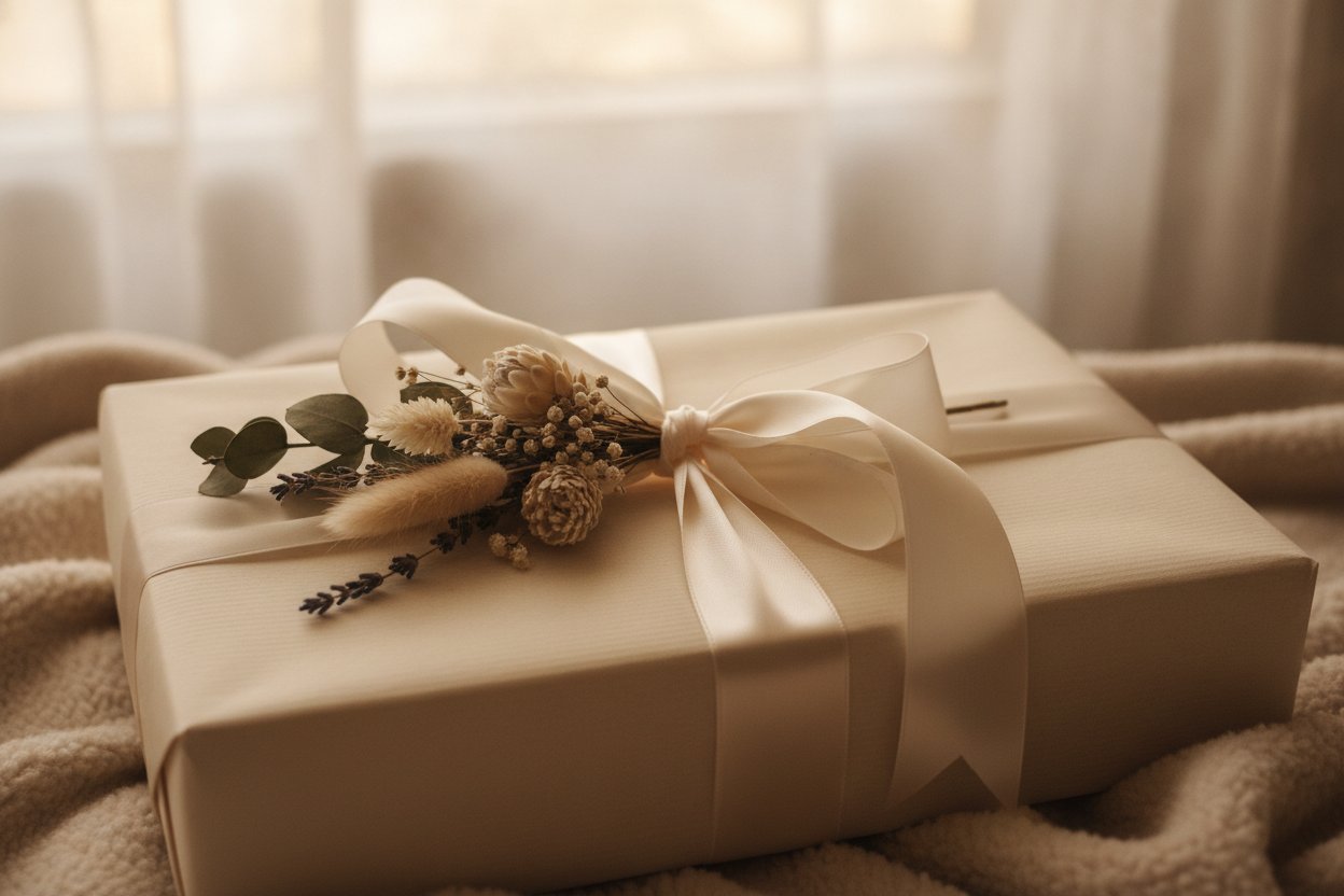 Kotak hadiah dibungkus cantik dengan riben untuk wanita 30-an