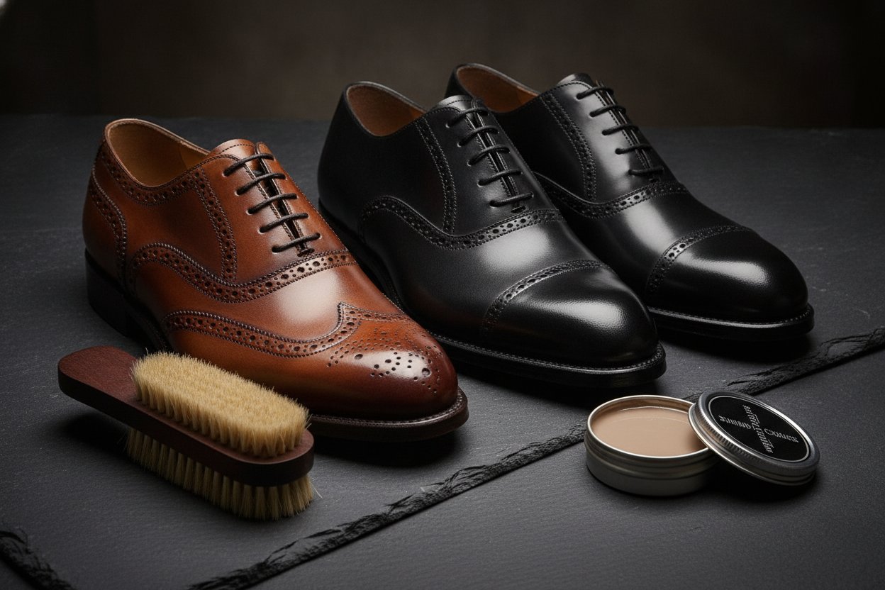Kasut kulit lelaki premium oxford dan brogue dengan berus dan pengilat
