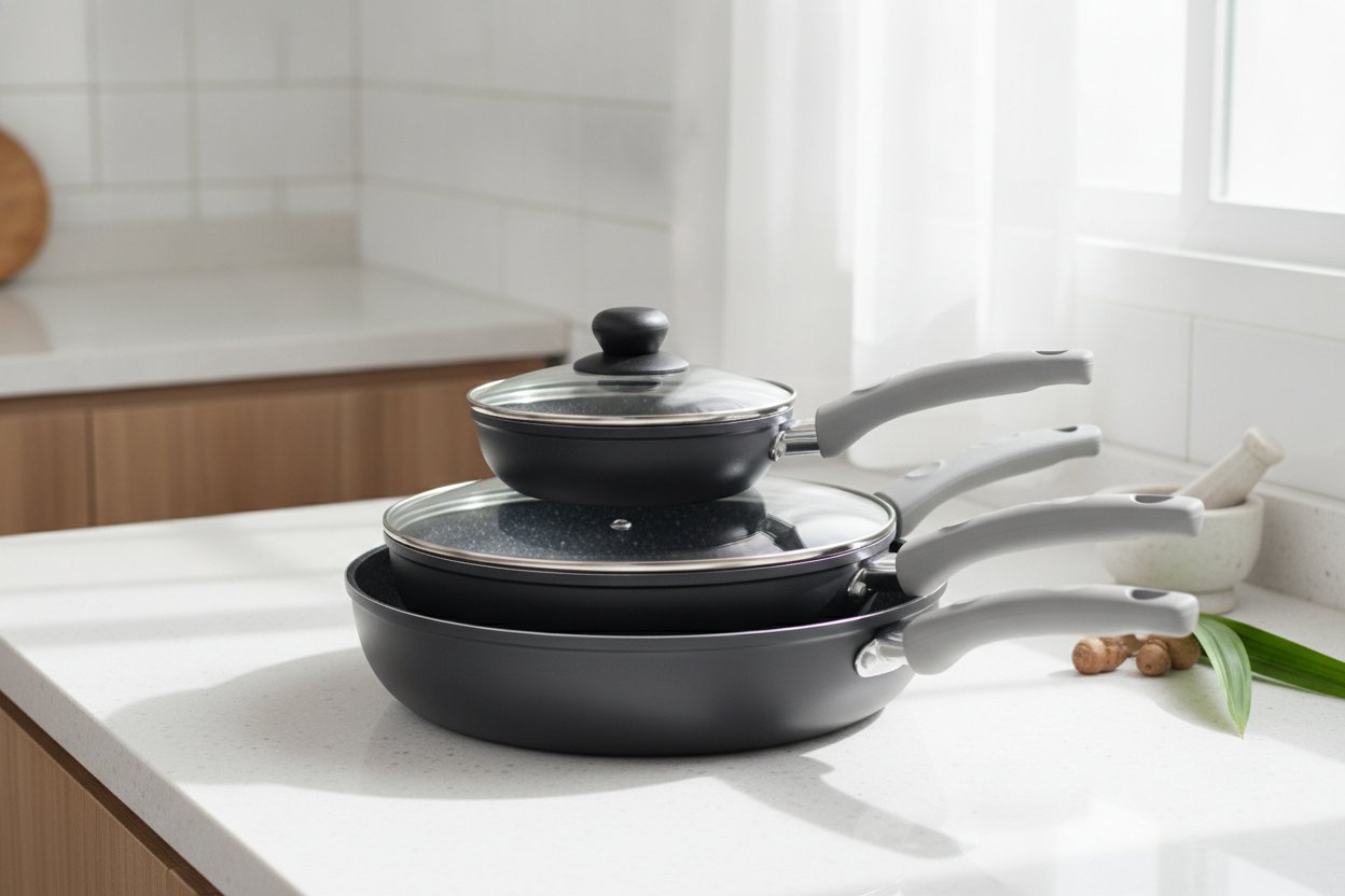 Kuali non-stick bajet bawah RM100 di atas dapur dapur Malaysia