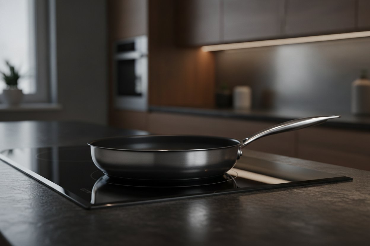 Kuali non-stick premium dengan dasar tebal di atas dapur induksi