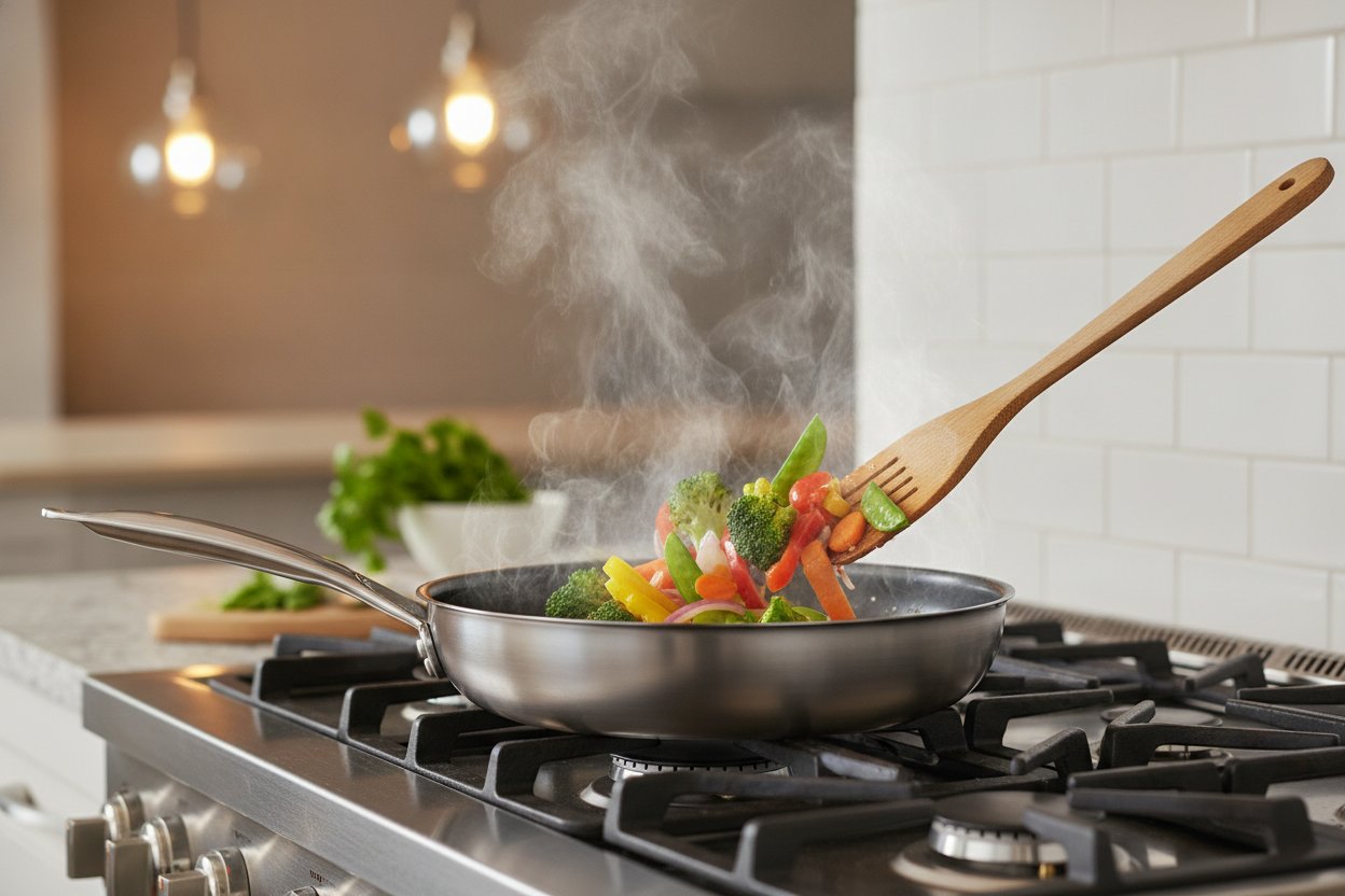Kuali non-stick pertengahan harga dengan salutan titanium di dapur moden