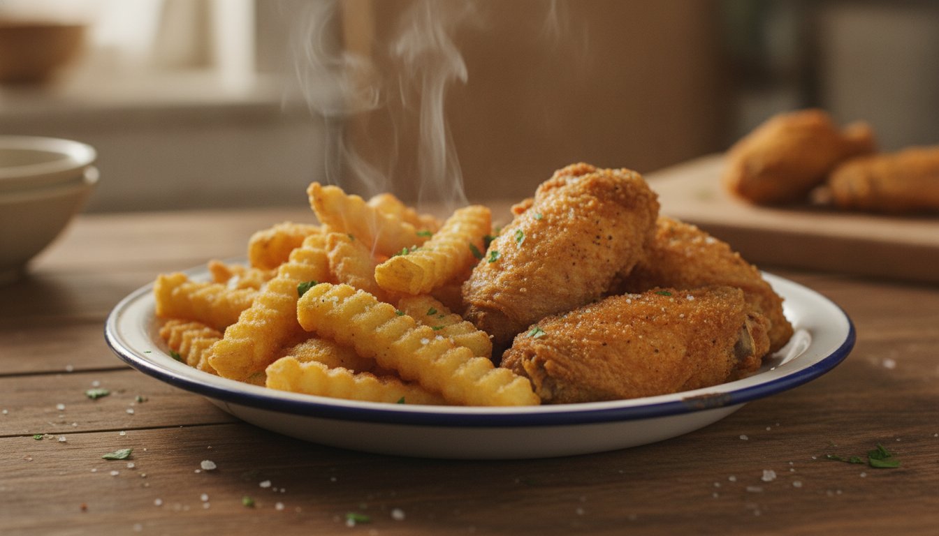 Kentang goreng dan ayam rangup dimasak dalam air fryer