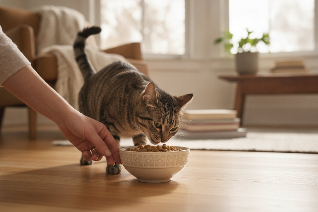 Kucing sihat makan makanan kering dari mangkuk di rumah