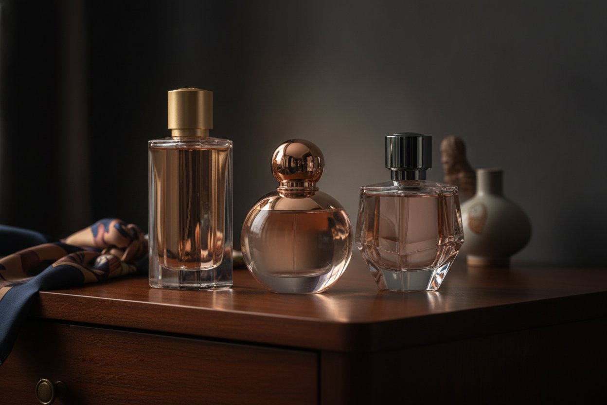 Minyak wangi lelaki designer di atas meja kayu gelap