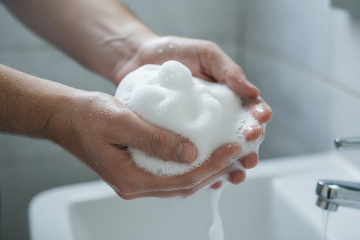 Buih pencuci muka lelaki di tangan atas sinki