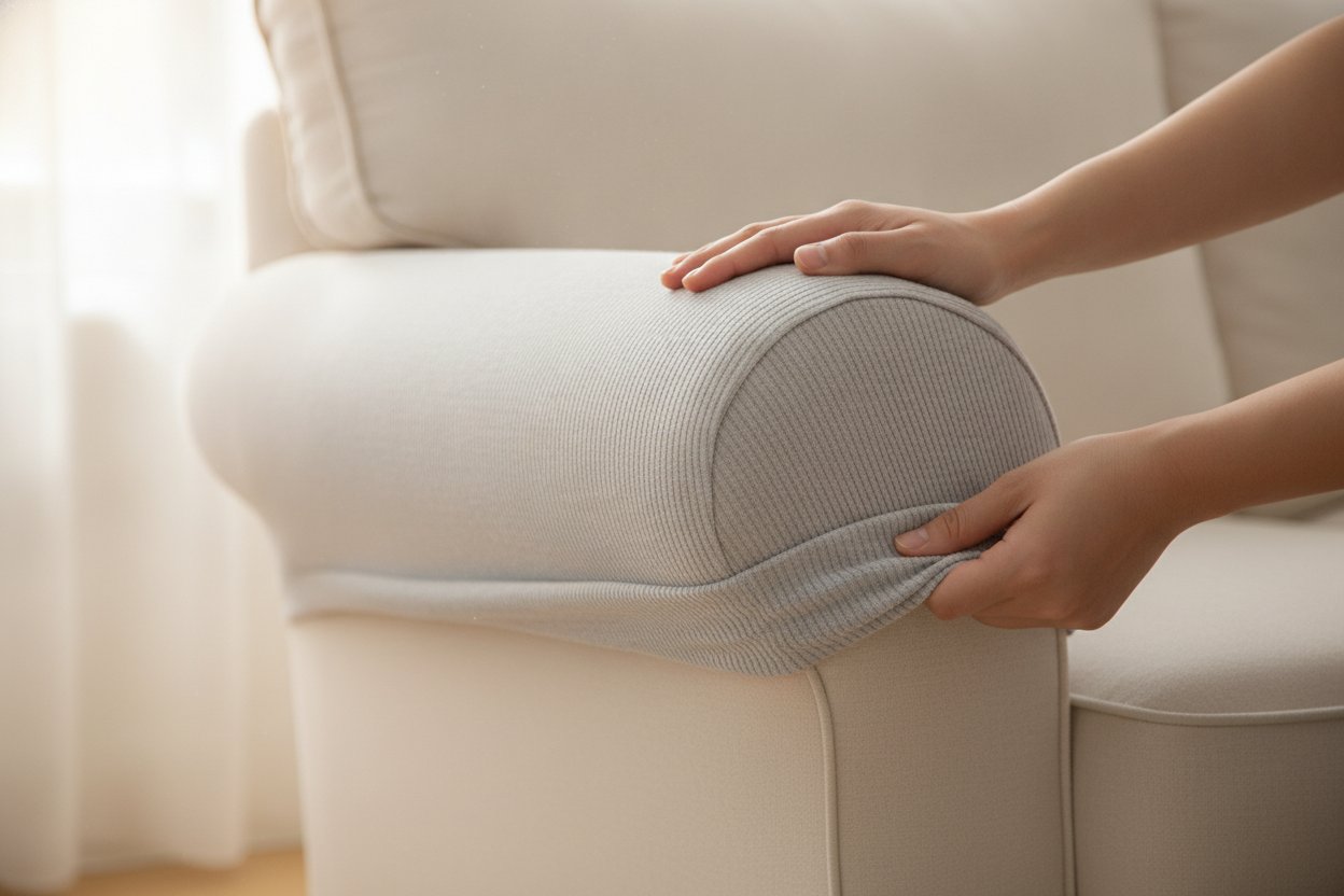 Sarung sofa regang universal bajet bawah RM50 dipasang pada lengan sofa