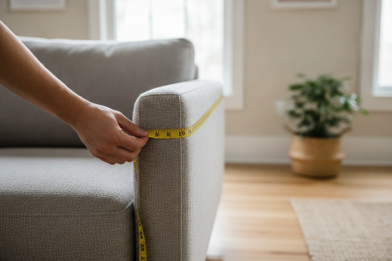 Mengukur sofa dengan pita ukur untuk pilih saiz sarung sofa yang betul