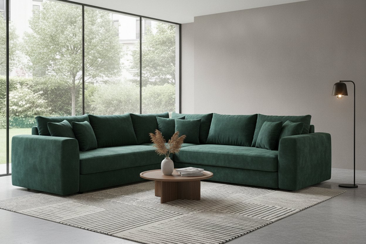 Sarung sofa baldu untuk sofa bentuk L di ruang tamu bergaya