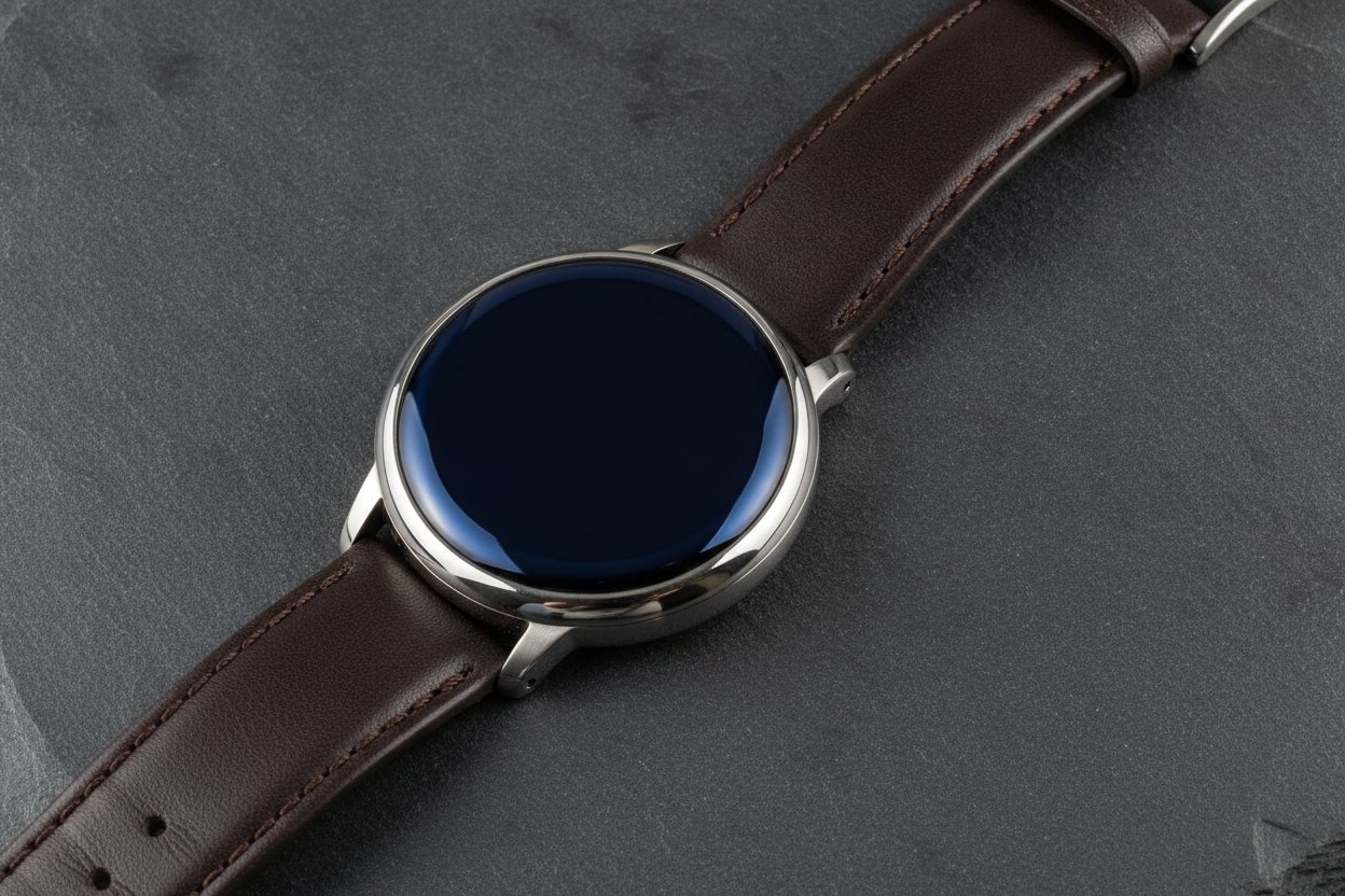 Smartwatch premium bulat berbingkai keluli dengan tali kulit di atas batu slate