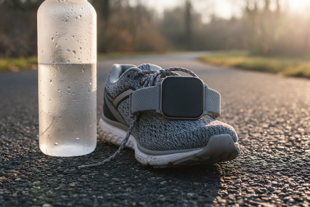 Smartwatch dengan GPS di atas kasut larian dan botol air untuk jogging pagi