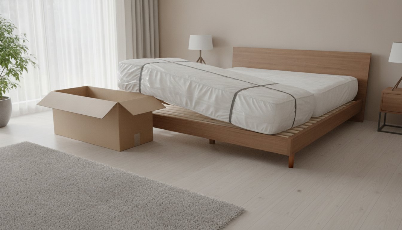 Tilam bed-in-a-box hybrid dibuka dari kotak di bilik tidur