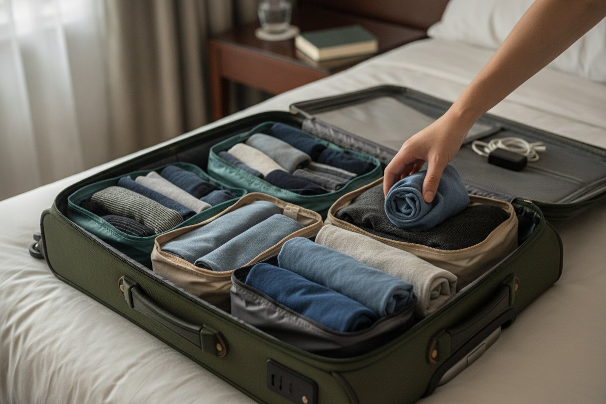 Menyusun baju dalam packing cube untuk elak kedut sebelum perjalanan