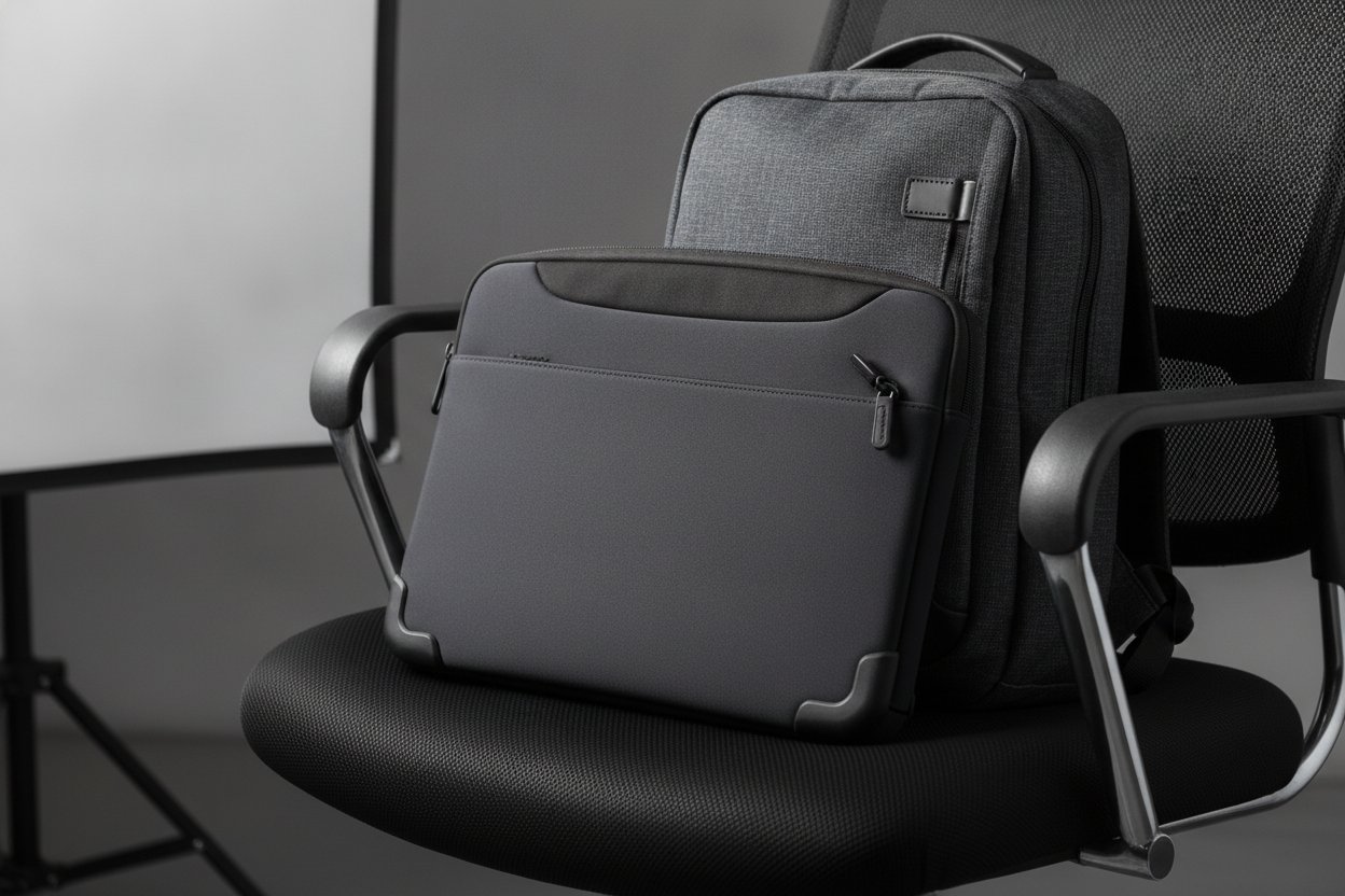 Sleeve laptop tomtoc dan backpack di atas kerusi pejabat