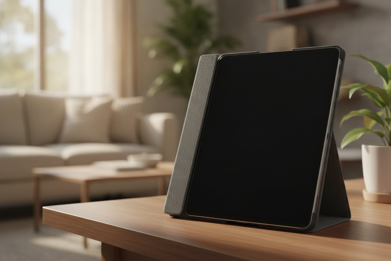 iPad Air dalam casing folio berdiri di atas meja di ruang tamu
