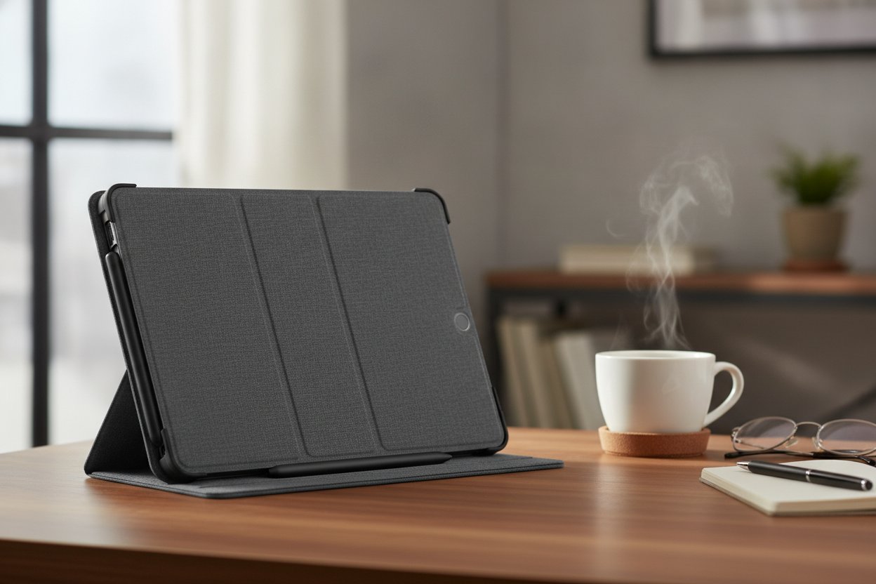 Casing folio iPad Air dengan slot Apple Pencil pada sudut menaip