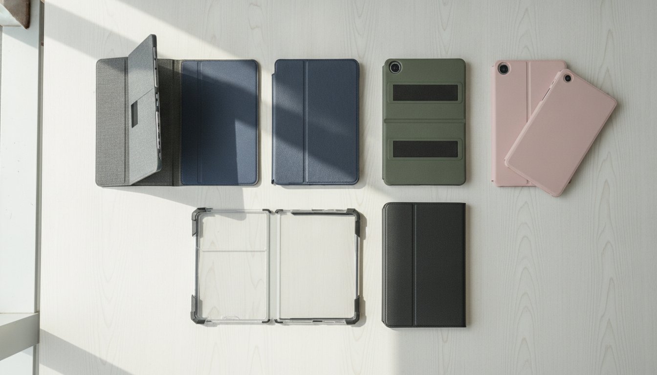 Pelbagai casing iPad Air terbaik di Malaysia 2026 disusun di atas meja kayu