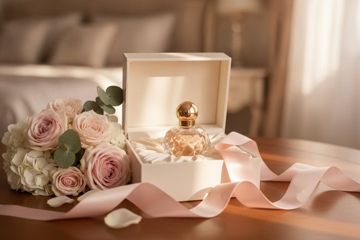 Minyak wangi wanita dalam kotak hadiah dengan riben satin