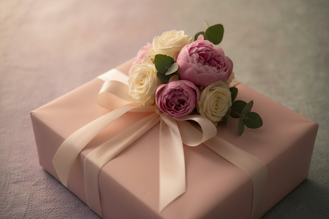 Bungkusan hadiah cantik untuk perempuan dengan riben dan bunga segar