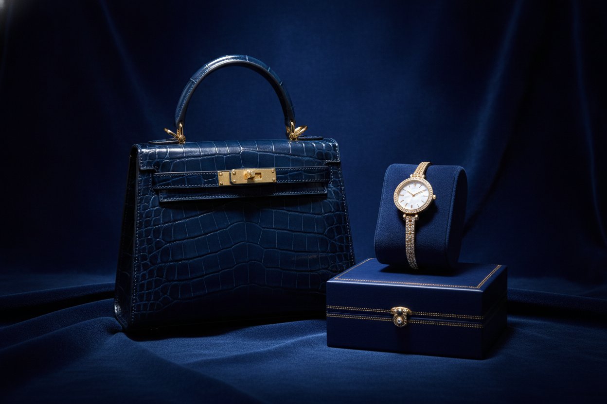 Hadiah mewah untuk perempuan beg tangan dan jam tangan atas baldu biru