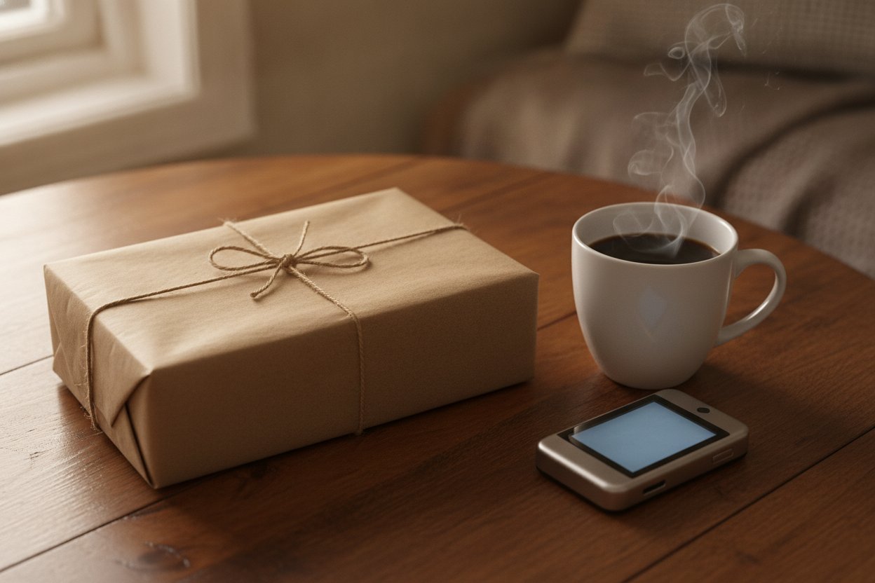 Bungkusan hadiah unik dengan kertas kraft di atas meja kayu