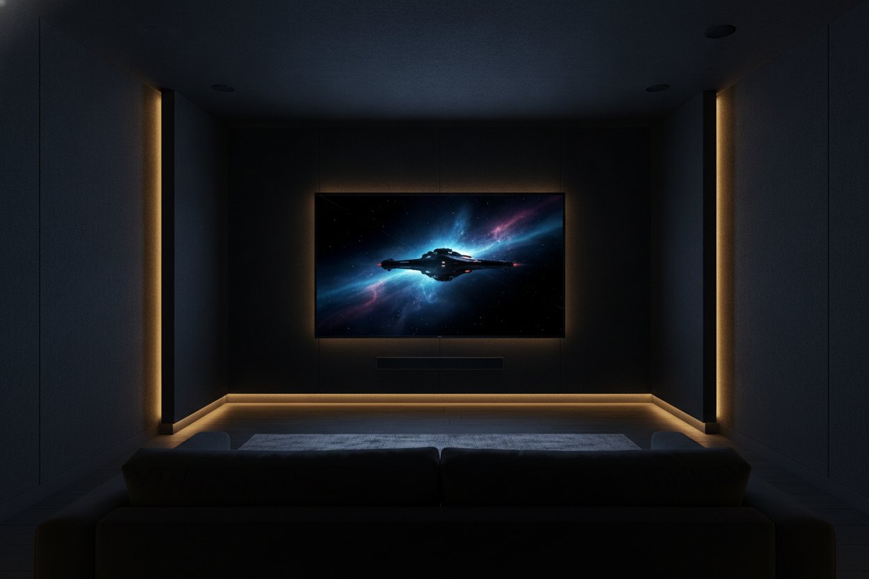 TV OLED premium dalam bilik wayang rumah gelap