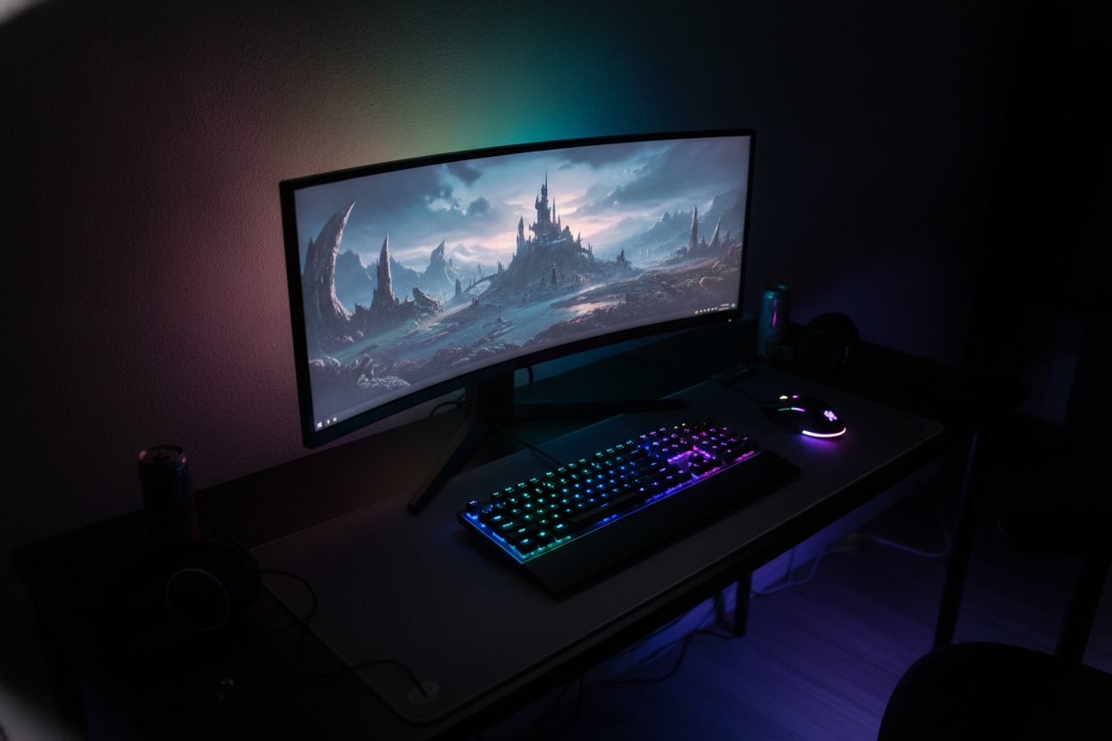 Monitor gaming lengkung dengan lampu RGB dalam bilik gelap